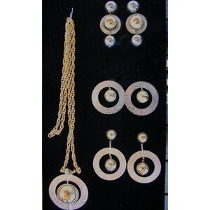 Vintage Brutalist Gold & Silver Tone Statement Necklace & Clip-On Earrings Set 1